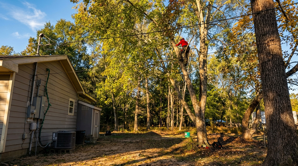 Tree removal service safely clearing a tree near a house